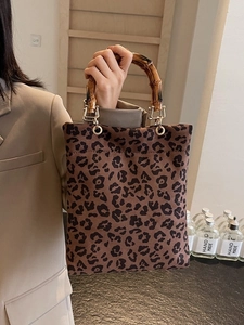 Borsa Tote Vintage con Stampa Leopardata e Manico in Bambù Borsa a Tracolla in Pelle Scamosciata per Gioielli Moda Donna