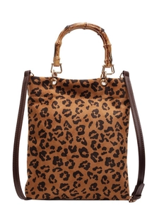 Borsa tote leopardata retrò con manico in bambù e tracolla in pelle rimovibile