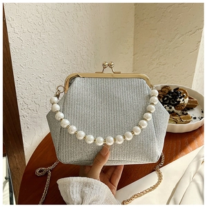 Macro detail of silver sequin bag with pearl handle and vintage gold metal frame lock