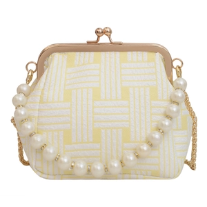 Elegant Satin Geometric Woven Crossbody Bag With Faux Artificial Pearl Handle Gold Chain Kiss Lock Retro Handbag For Women Party
