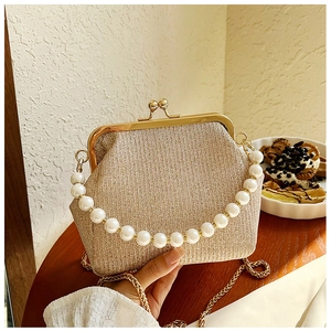 Close-up of champagne gold clutch with woven texture, metal frame, and pearl handle
