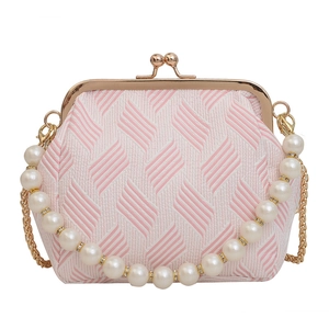 Pink and white geometric pattern handbag with pearl handle and golden chain