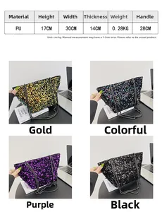 Detailed size chart and four-color options for the sequined chain shoulder tote bag