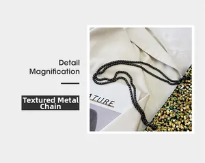 Close-up of texture metal chain and sparkling green sequins on a stylish crossbody bag