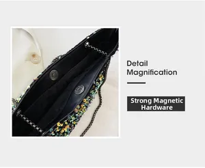 Detail of the strong metal magnetic buckle closure on a sequined chain crossbody bag