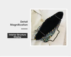 Detail magnification of shimmering sequin bag with black lining and dark metal chain strap