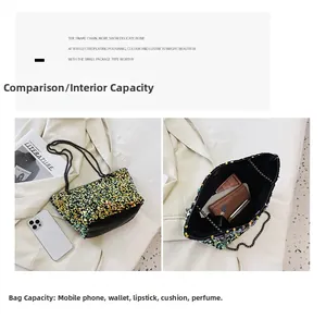 Detail of colorful sequin handbag showing internal capacity and metal snake chain