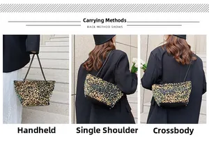 Detailed views of sequin tote bag showing crossbody, shoulder, and handbag carrying styles