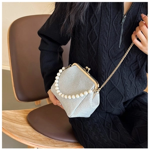 Detail view of retro silver kiss-lock bag with pearl handle and gold chain strap