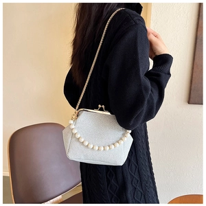 Silver glitter frame bag with pearl handle and metal chain shown on model in retro setting