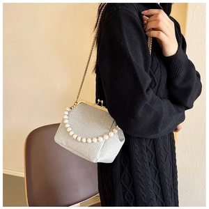 Silver retro kiss-lock bag featuring a decorative pearl handle and gold chain strap