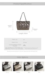Detailed size chart and multi-color options for quilted puffer tote bag in metallic PU