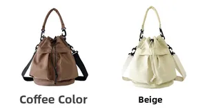 Detail view of coffee and cream nylon drawstring bucket bags with adjustable straps