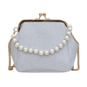 Women Retro Sequin Glitter Evening Bag With Artificial Pearl Handle Gold Metal Chain Strap Kiss-lock Crossbody Clutch Bag For Wedding Party