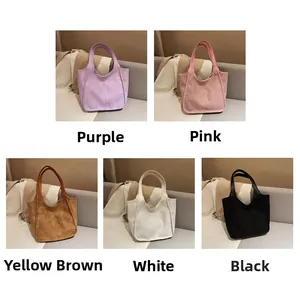 Detailed grid view showing plush tote bags in purple, pink, brown, white and black