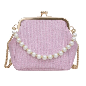 Elegant pink shimmer metal frame bag with faux pearl handle and gold chain strap
