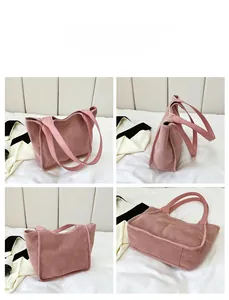 Pink plush tote bag shown from front, side, and bottom angles in a four-grid display