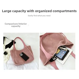 Pink plush tote bag detail showing large capacity for tablet, phone and books
