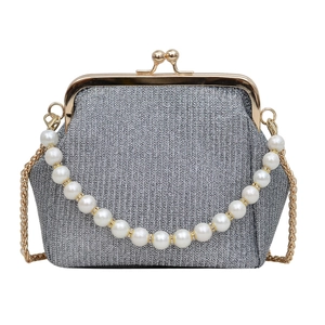 Vintage silver woven evening bag with pearl handle and golden kiss lock frame