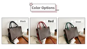 Three-color display of checkered tote bags in black, red, and green with long straps