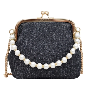 Elegant black sequin evening bag with gold kiss-lock frame and pearl beaded handle