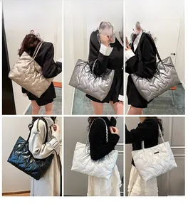 Quilted puffer tote bags in metallic colors with braided rope handles shown on models