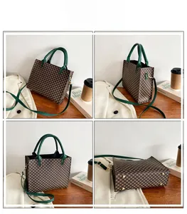 Four views of a plaid tote bag with green handles, metal feet, and long strap detail