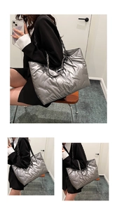 Detailed views of a silver quilted puffer tote bag with woven handles and metallic finish