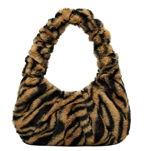 Sac à Épaule en Peluche pour Femme Imprimé Zèbre Vache Automne Hiver Fausse Fourrure Sac Sous l'Aisselle Mode Motif Animal Chic