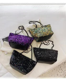 Detailed view of sequin chain shoulder bags in purple, gold, black and iridescent colors