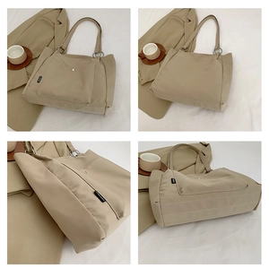 Detailed views of a khaki nylon tote bag showing the front pocket, side, and wide base