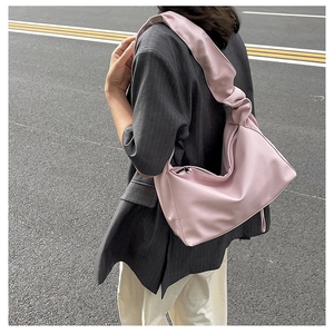 Pink pleated shoulder bag with large capacity and soft faux leather texture for women