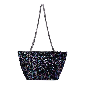 Sparkly black sequin tote bag with metallic chain strap for parties and daily commute