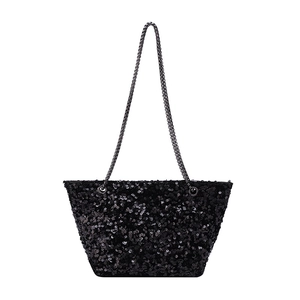 Elegant black sequin tote bag with gunmetal chain strap for evening and daily wear