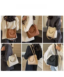 Detailed views of quilted PU leather tote bag in black, beige, and tan color options