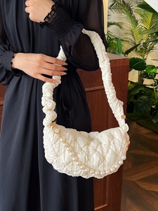 White quilted cloud bag for women with elegant faux pearl chain and pleated shoulder strap