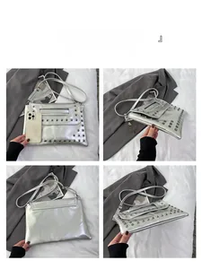 Borsa a tracolla argento con borchie e riferimento dimensioni, vista frontale e laterale