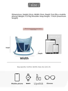 Detail specifications of denim bucket bag with dimensions 22cm x 25cm and capacity details
