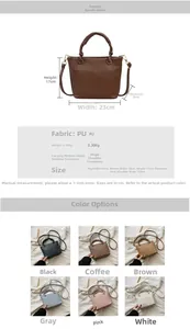 Size chart showing dimensions 23x17x9cm and material details for the pleated bucket bag