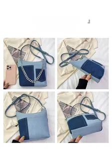Detailed multi-angle view of patchwork denim bucket bag with silver chain and side pockets