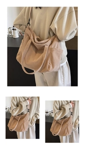 Detailed views showing corduroy texture, side pockets, and strap of large beige tote bag