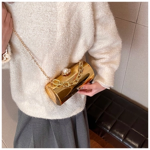 Detailed view of golden cylinder acrylic mirror bag with pearl clasp and chain straps