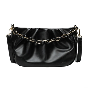 Chic black pleated cloud dumpling bag with dual chain and leather shoulder strap