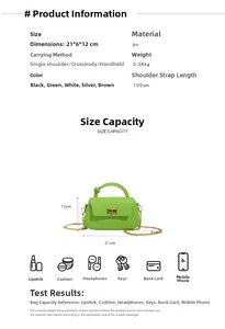 Detailed size specifications for green PU chain handbag with 21x6x12cm dimensions
