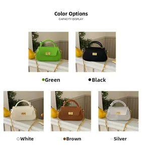 Showcase of five elegant colors of the faux leather handbag with metal chain and twist handle