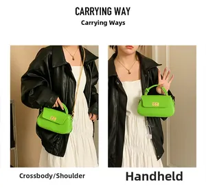 Detail showing hand-carry and crossbody styles of a lime green mini bag with chain strap