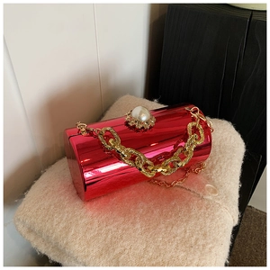 Detail view of pink acrylic mirror cylinder bag with crystal pearl clasp and gold chain