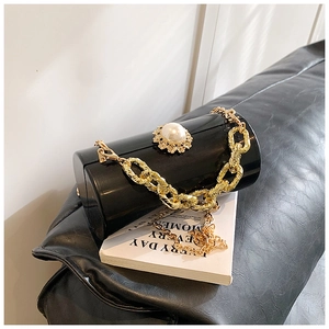 Macro detail of black cylindrical acrylic evening bag with gold chain and pearl clasp