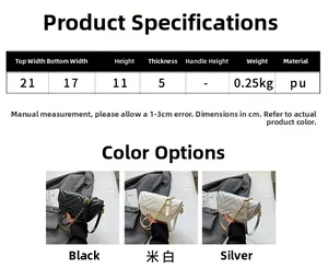 Detailed size chart of V-quilted PU leather shoulder bag with dimensions and color options