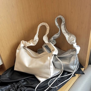 Women Ruched Underarm Bag PU Leather Pleated Cloud Baguette Shoulder Bag Casual Large Capacity Crossbody Handbag For Daily Commuting